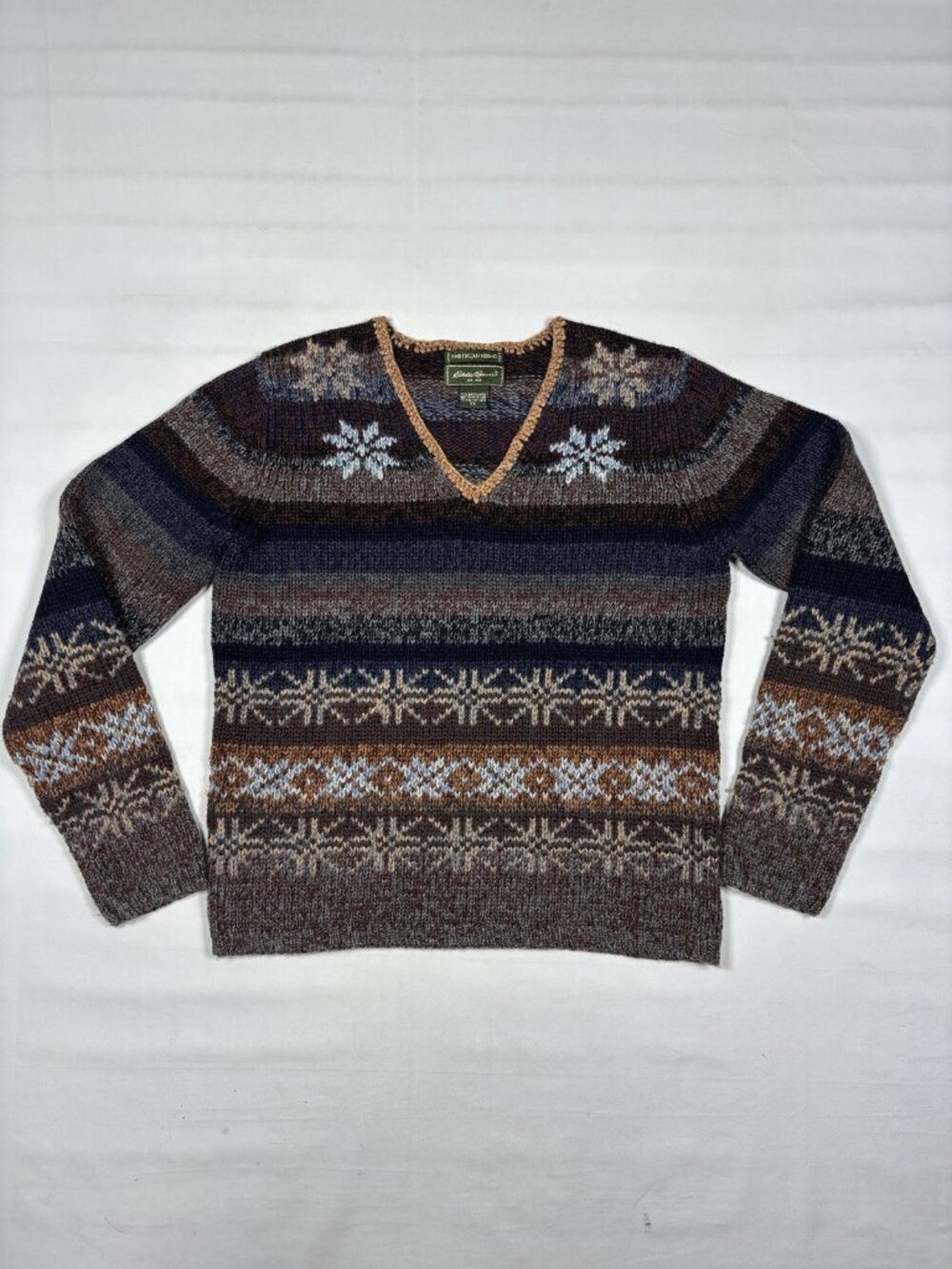 VTG 90s Eddie Bauer Fine Italian Merino Wool Fair Isle Sweater V-Neck Womens XS